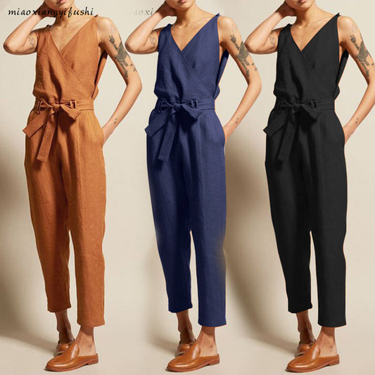 Women Solid Color V-Neck Tank Top Sash Waist Casual Loose Jumpsuits