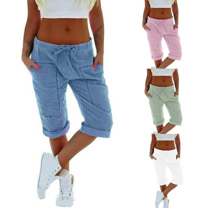 Women Summer Casual Solid Color Drawstring Waist Cropped Pants