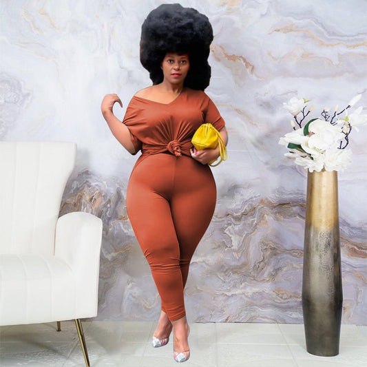 Conjunto de dos piezas para mujer, informal, de talla grande, color liso, con escote en V, camiseta holgada con abertura y pantalones ajustados