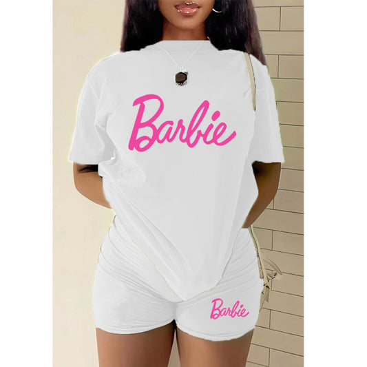 Conjunto de dos piezas con top y pantalones cortos con estampado del alfabeto de Barbie para mujer