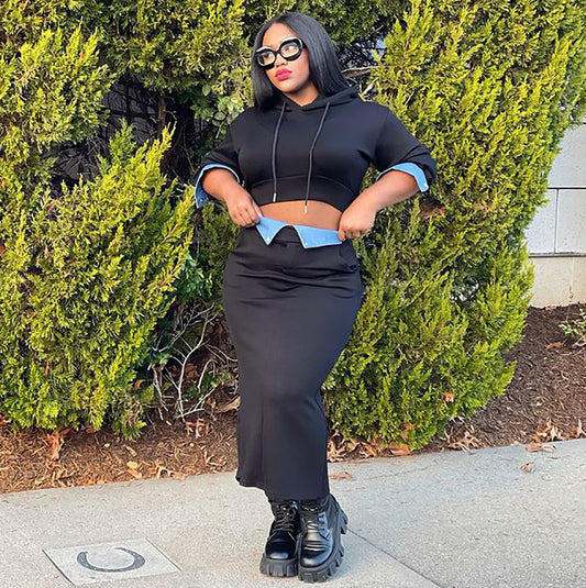 Conjunto de dos piezas formado por sudadera y falda dividida, manga larga, costura vaquera, informal, para mujer, otoño e invierno