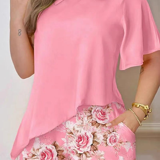 Conjunto de blusa informal con estampado floral para mujer, blusa irregular de manga corta, estilo formal y elegante