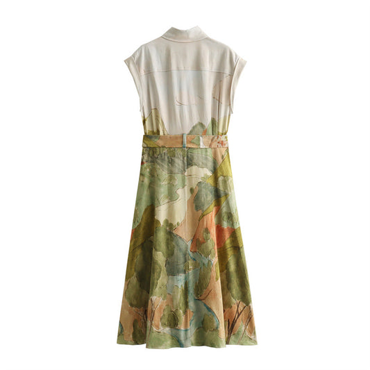 Women Fashion Casual Printed Sleeveless Shirt Dress