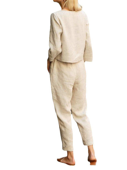 Conjunto de top y pantalón informal de color liso para mujer, otoño
