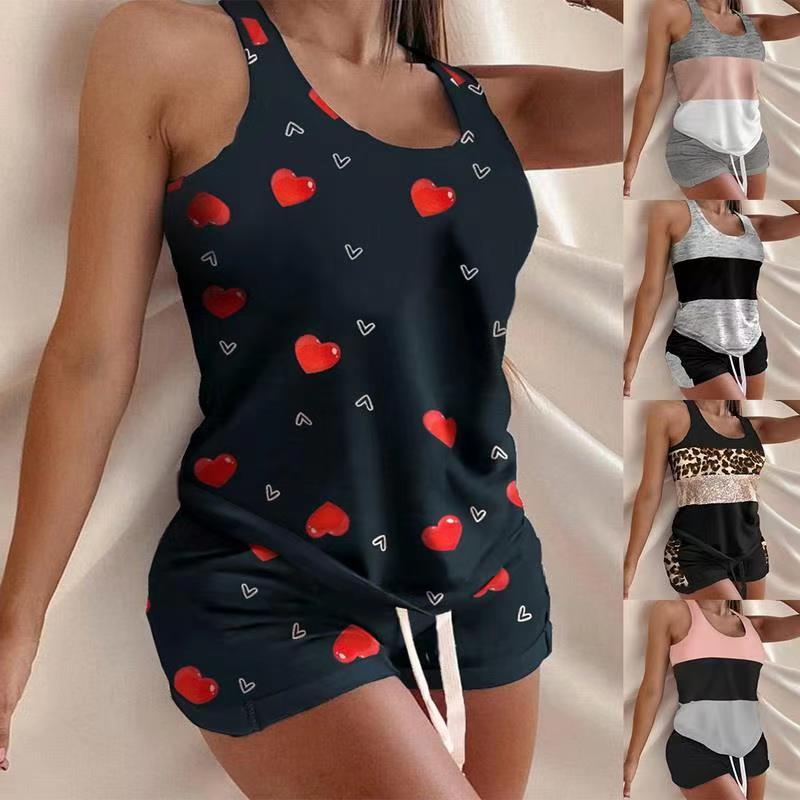 Summer Women Casual Color Blocking Sleeveless Tank Top And Shorts Set