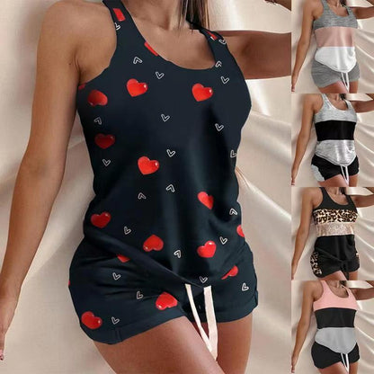 Summer Women Casual Color Blocking Sleeveless Tank Top And Shorts Set