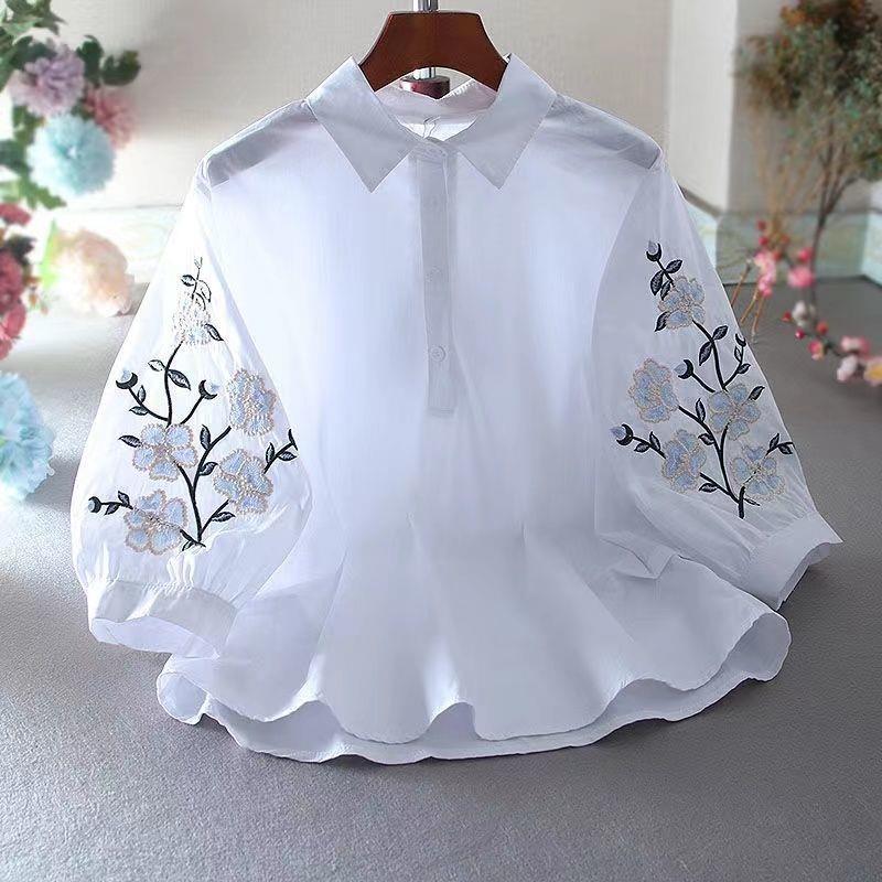 Blusa holgada informal con mangas farol y solapa bordada con flores para mujer