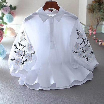 Blusa holgada informal con mangas farol y solapa bordada con flores para mujer