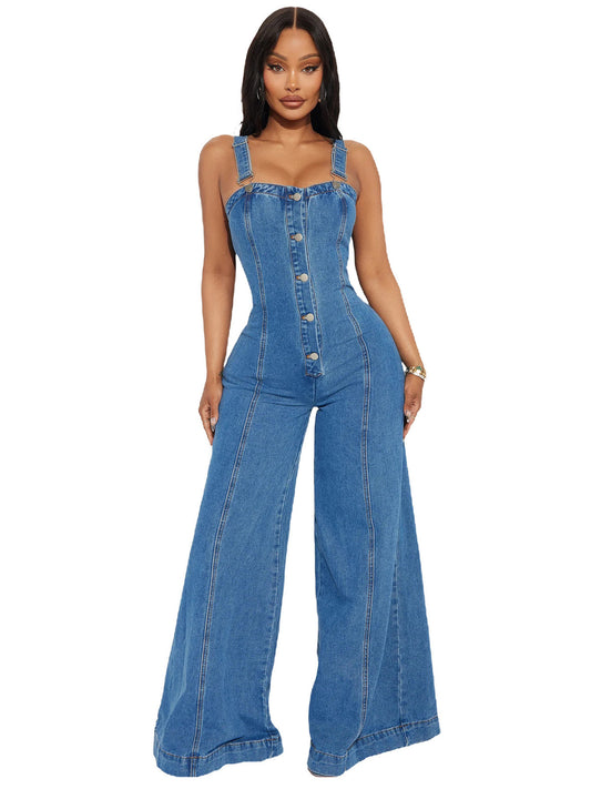 Women Fashion Casual Sexy Strap Denim Jumpsuit Wide Leg Pants
