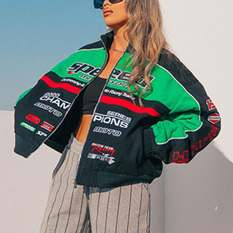 Chaqueta de béisbol holgada informal con estampado de letras punk y manga larga con cremallera para mujer