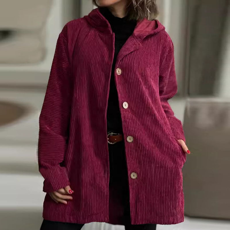 Chaqueta informal de pana holgada con capucha para mujer, otoño e invierno