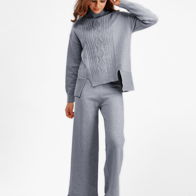 Conjunto de dos piezas de suéter de cuello alto de punto de color liso informal para mujer, otoño e invierno, pantalones de pierna ancha