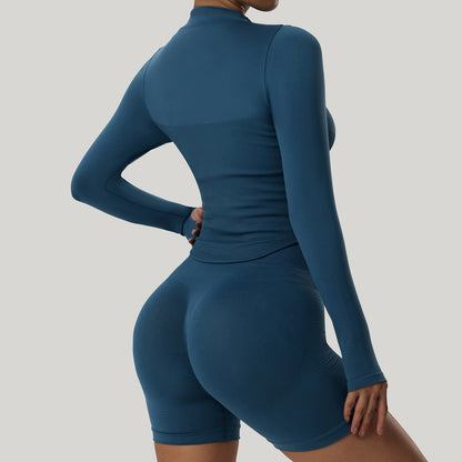 Women Casual Solid Color Vertical Collar Zipper Long Sleeve Tight Yoga Sports Top