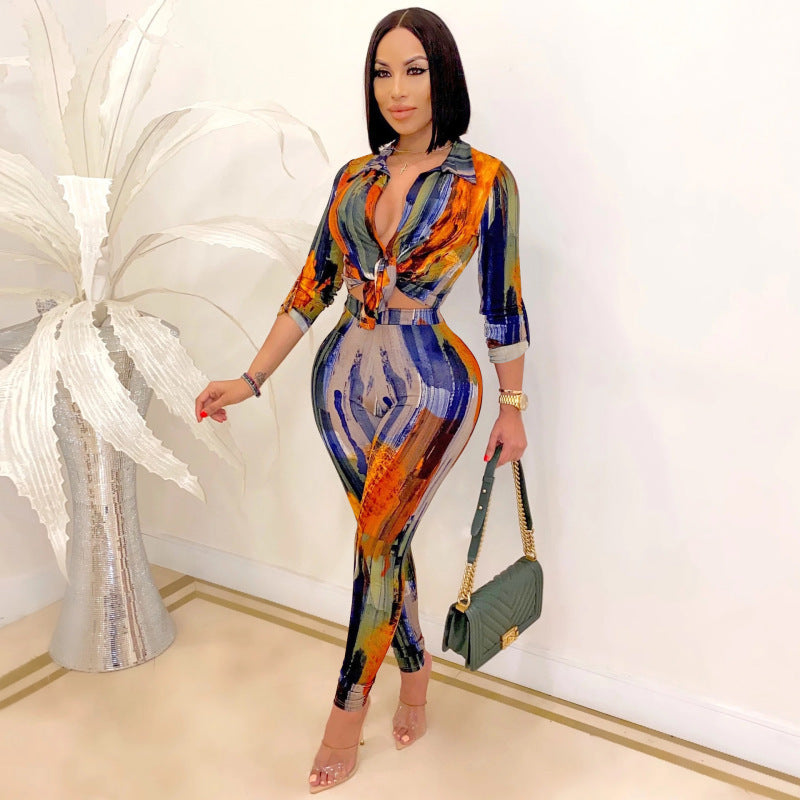 Women Fashion Printing Single Breasted Long-Sleeved Shirt Blouse And Pants Casual Two-Piece Set