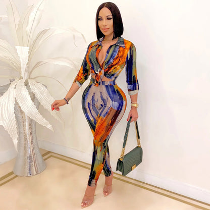 Women Fashion Printing Single Breasted Long-Sleeved Shirt Blouse And Pants Casual Two-Piece Set