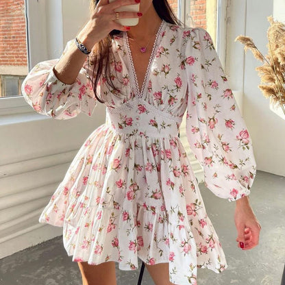 Women Casual Tiny Flower Print V-Neck Long Sleeve Dress