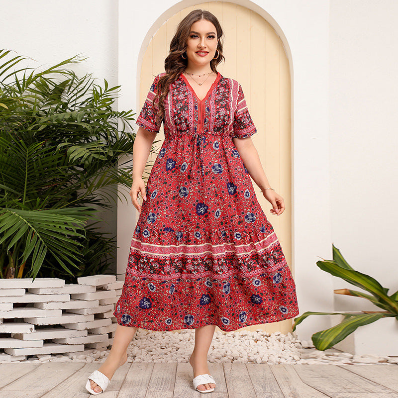 Vestido largo informal floral de manga corta con cuello en V estilo bohemio de talla grande para mujer