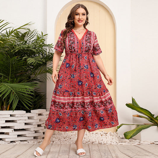 Vestido largo informal floral de manga corta con cuello en V estilo bohemio de talla grande para mujer