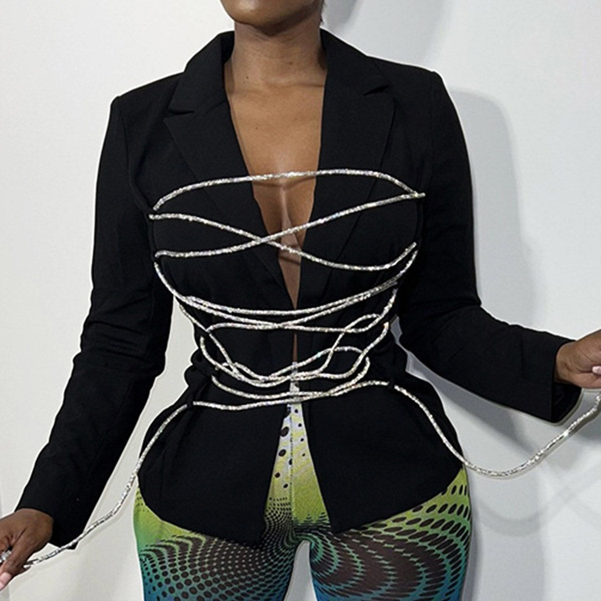 Blazer informal de manga larga con tirantes de color liso para mujer