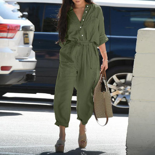 Women Fashion Casual Solid Color Cotton And Linen Pockets Belt Jumpsuit