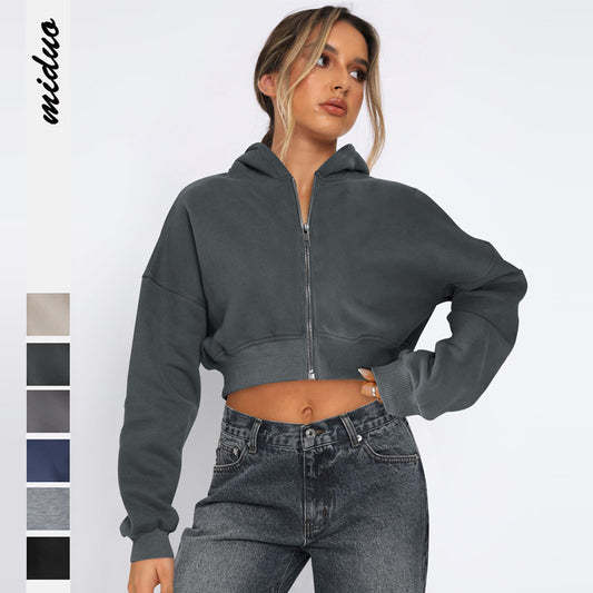 Sudadera con capucha informal holgada de color liso con cremallera y manga larga para mujer