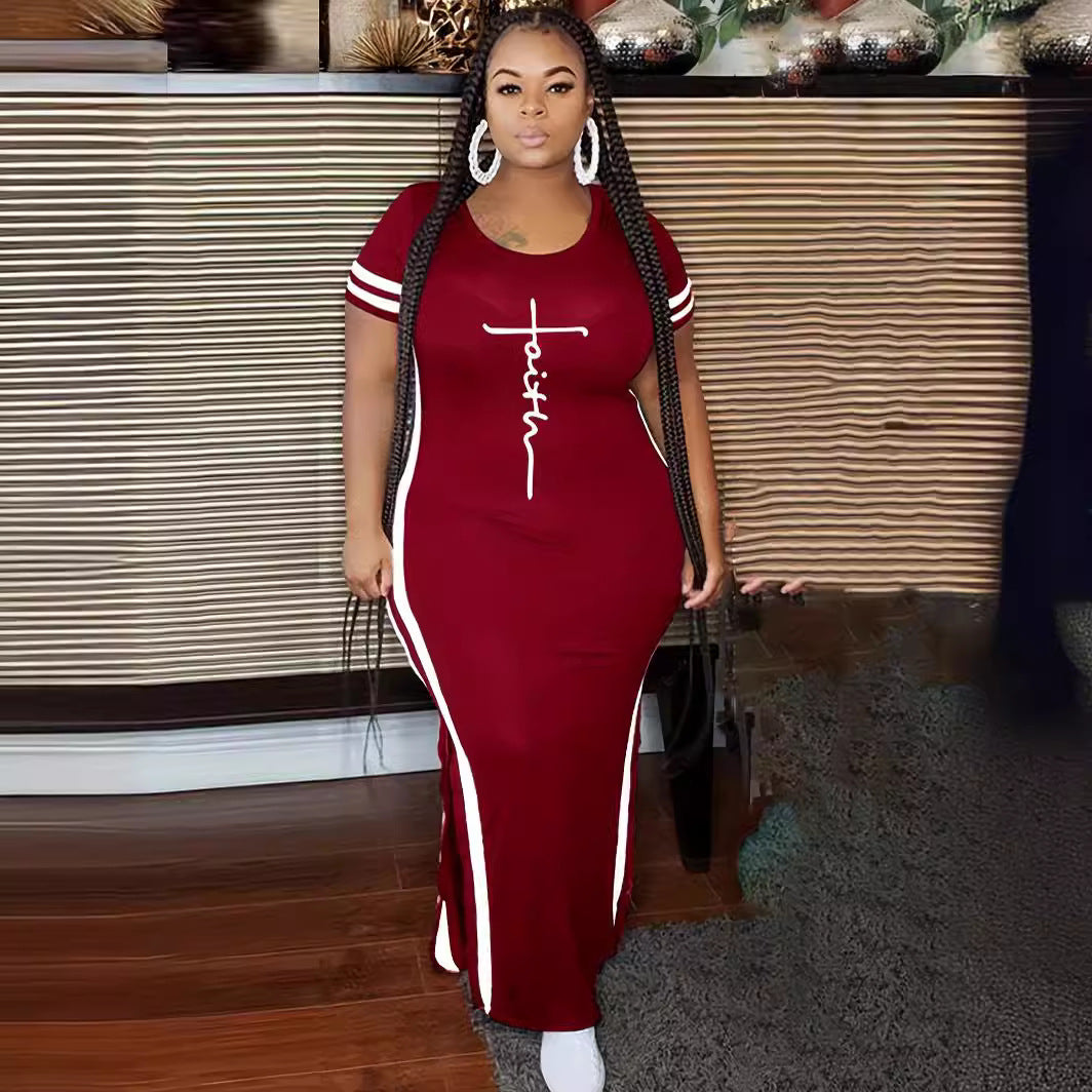 Women Fashion Casual Printed Split Short Sleeve Round Neck Plus Size Dress