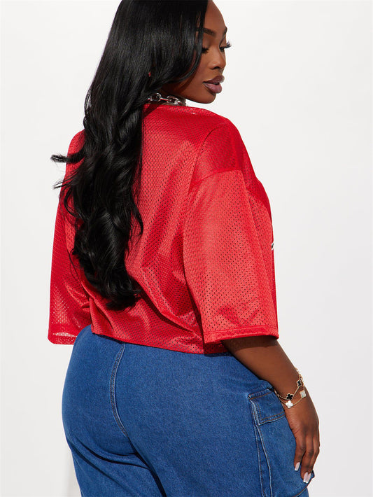 Women Fashion Casual Loose Lace Stitching Letter Print Short Sleeve V-Neck Jersey T-Shirt