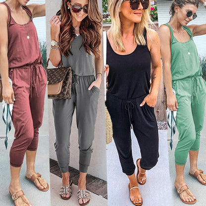 Women Solid Color Tank Top Waist Tie Casual Loose Jumpsuit