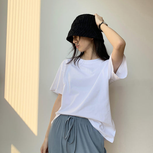 Camiseta informal de verano para mujer, color liso, cuello redondo, manga corta, sin mangas