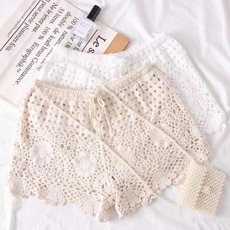 Women Loose Casual Crochet Knitted Solid Color Middle Waist Shorts