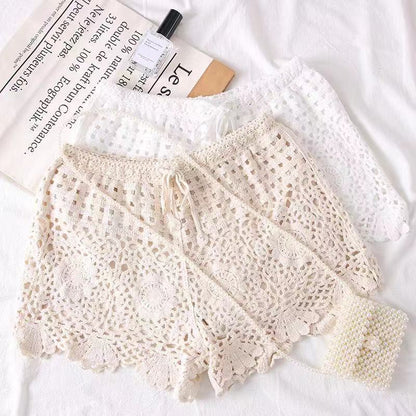 Women Loose Casual Crochet Knitted Solid Color Middle Waist Shorts
