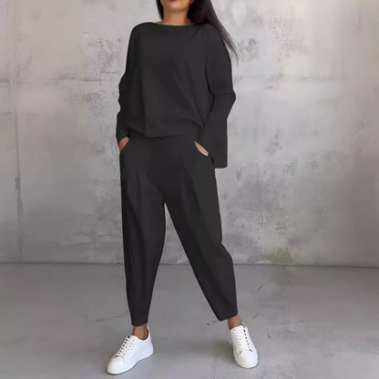 Conjunto de dos piezas de top y pantalón de manga larga con cuello redondo y color liso para mujer