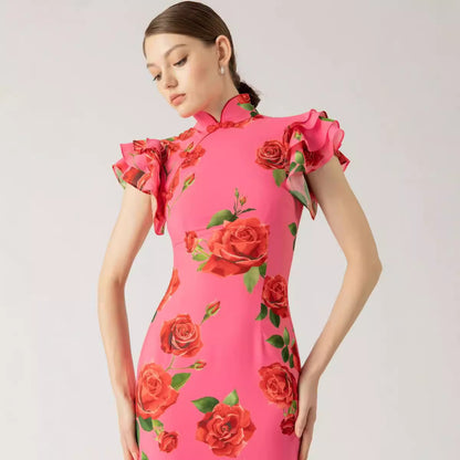 Vestido largo estilo cheongsam con mangas cortas y volantes, estampado floral de rosas, informal, para mujer