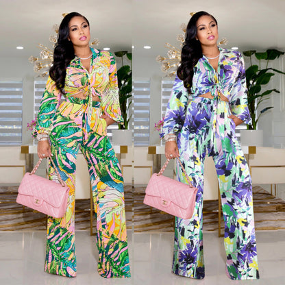 Conjunto de dos piezas de moda para mujer, con estampado floral, top corto sexy con cordones y pantalones casuales