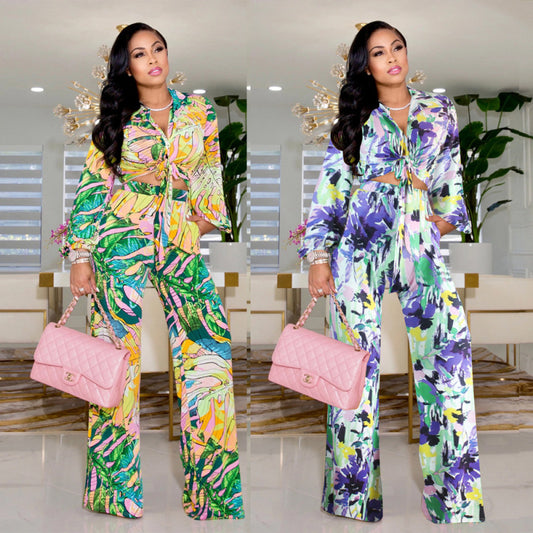 Conjunto de dos piezas de moda para mujer, con estampado floral, top corto sexy con cordones y pantalones casuales