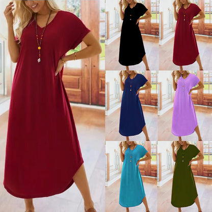 Women Casual Solid Color Short Sleeve V Neck Loose Maxi Dress