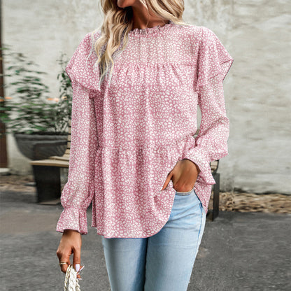 Blusa informal de manga larga con volantes y estampado para mujer