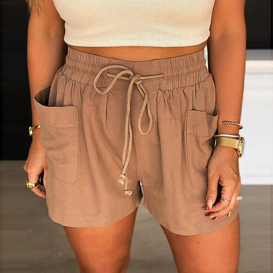 Women Casual Solid Color Cotton High Waist Drawstring Slim Shorts