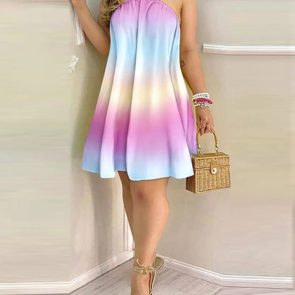 Women Elegant Vintage Casual Summer Halter Neck Lace Loose Loose Dress