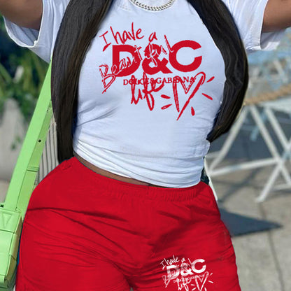 Women Summer Casual Athleisure Short Sleeve Letter Print T-Shirt And Tight Shorts Set