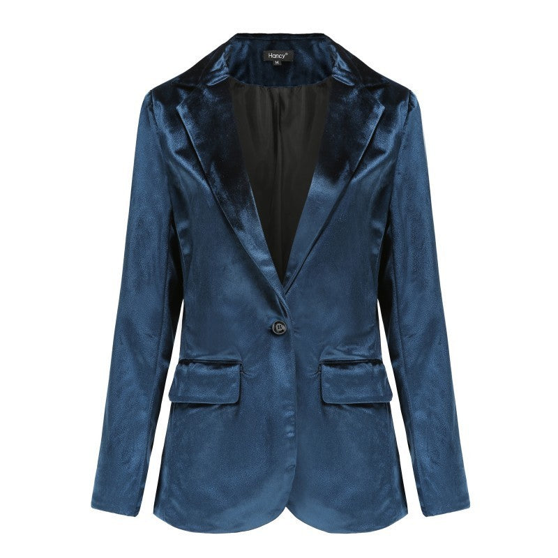 Blazer informal de manga larga de terciopelo dorado para mujer