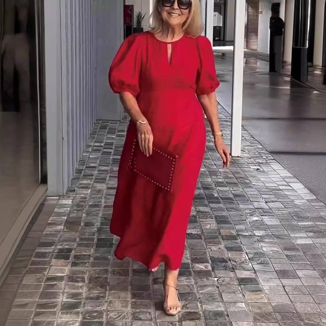 Women Casual Solid Color Loose Foam Sleeve Dress