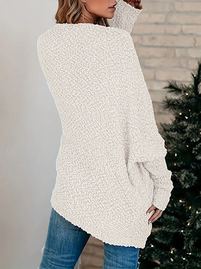 Abrigo de punto con bolsillos de felpa de color liso informal a la moda para mujer