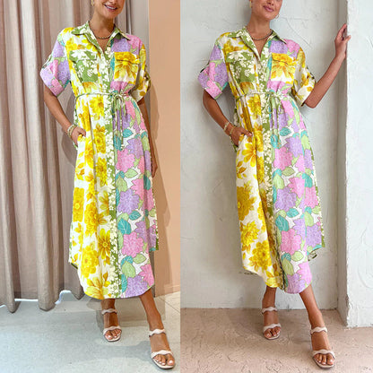 Spring And Summer Loose Vacation Women Casual Short-Sleeved Lace-Up Pocket Floral Shirt Maxi Dress