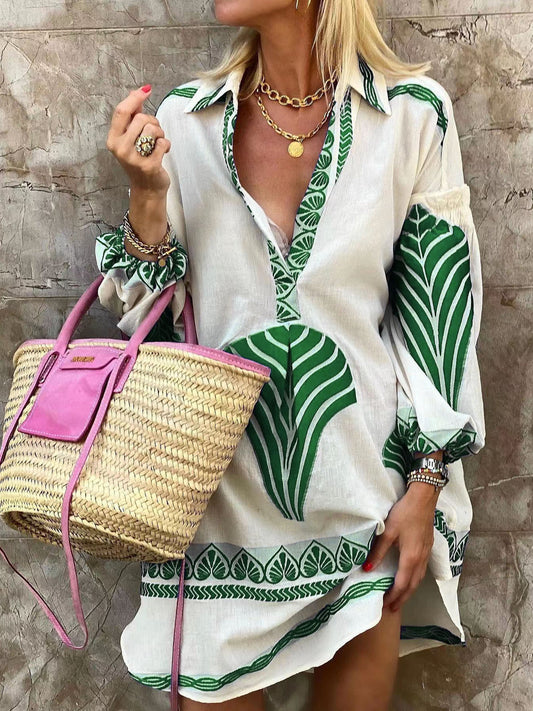 Women Boho Spring And Summer Casual Long Shirt Loose Vacation V-Neck Dress