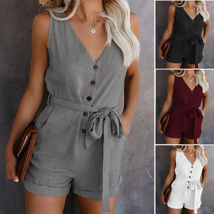 Women Casual Shorts Solid Color V-Neck Tie Loose Sleeveless Rompers