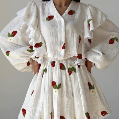 Fashion Casual Sweet Women Strawberry Heart Floral Print Long Sleeve Ruffled Blouse And Skirt Set