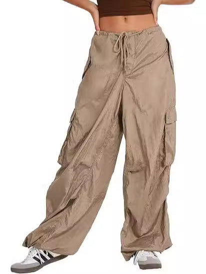 Women Casual Solid Color Loose Pocket Low Waist Drawstring Pants