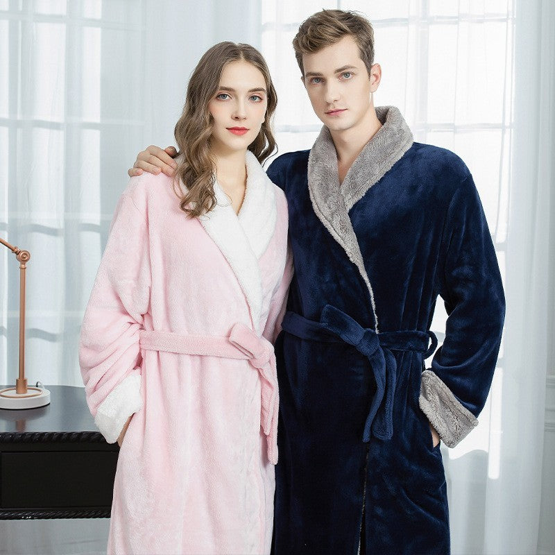 Couples Winter Fashion Casual Home Solid Color Flannel Lapel Long Sleeve Robes Sleepwear