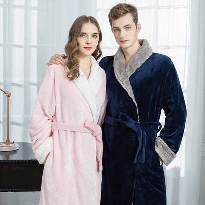 Couples Winter Fashion Casual Home Solid Color Flannel Lapel Long Sleeve Robes Sleepwear